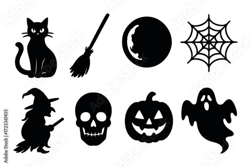 Halloween icons: cat, broom, moon, web, witch, skull, pumpkin, ghost silhouettes