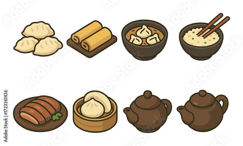 Traditional asian cuisine: dumplings, spring rolls, tea, rice, sushi illustrations