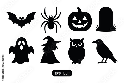 Spooky halloween silhouettes: bat, spider, pumpkin, tombstone, ghost, witch, owl, crow