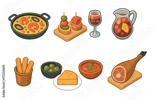 Illustrated spanish cuisine icons with tapas, paella, sangria, and jamón
