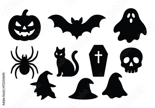 Halloween silhouettes: pumpkin, bat, ghost, spider, cat, coffin, skull, hat
