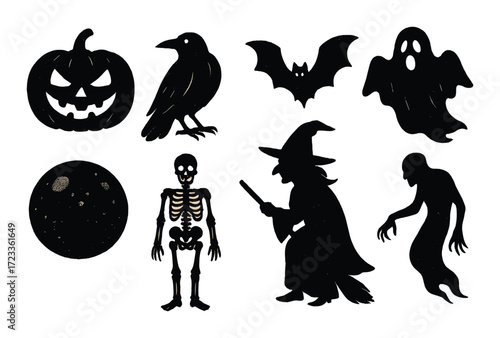 Spooky halloween silhouettes: witch, ghost, skeleton, pumpkin, bat, crow, moon, monster