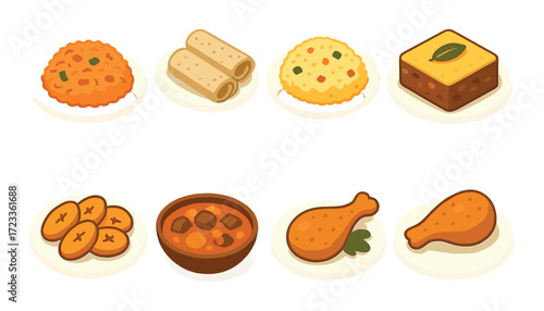 Variety of delicious international dishes including rice, sushi, pastries, plantains, curry, drumsticks