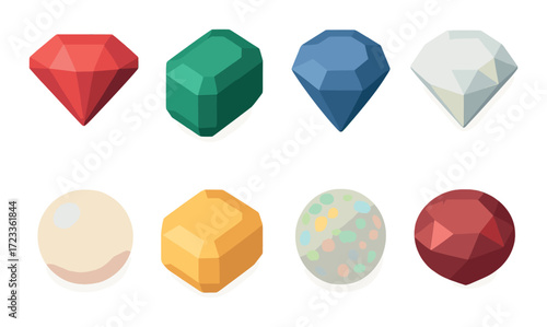 Colorful geometric gems: red diamond, green emerald, blue sapphire, clear diamond, pearl, yellow topaz, colorful sphere, red ruby