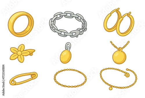 Collection of gold and silver jewelry with rings, bracelets, necklaces, earrings, and pins