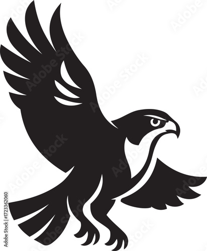 Hawk silhouette in flight black design, Flying raptor bird vector art