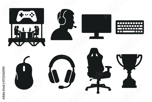 Gaming equipment silhouettes with consoles, headsets, computer accessories
