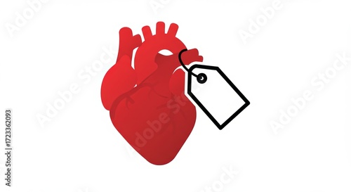 Red anatomical heart with a blank price tag attached, symbolizing value and healthcare