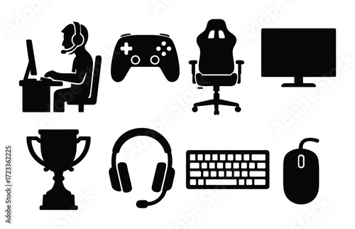 Gaming icons: headset, controller, chair, trophy, keyboard, mouse, monitor