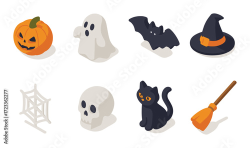 Spooky halloween icons set with pumpkin, ghost, bat, witch hat, web, skull, black cat, broom