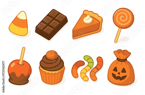 Assorted halloween treats with candy, chocolate, and pumpkin decor