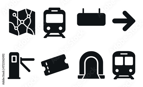 Public transportation icons: map, train, ticket, tunnel, turnstile, direction