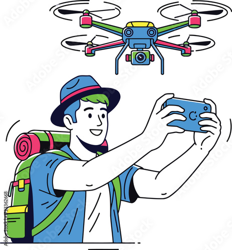 Traveler taking selfie with drone camera phone