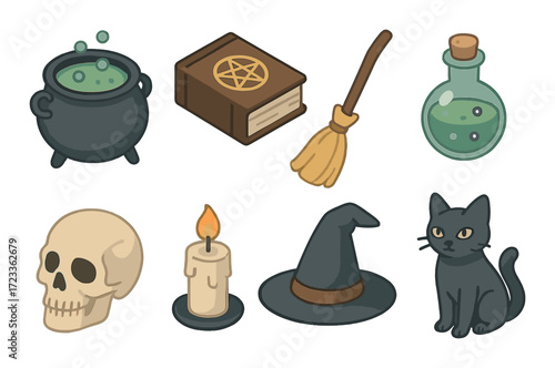 Halloween symbols: witch accessories and potion ingredients