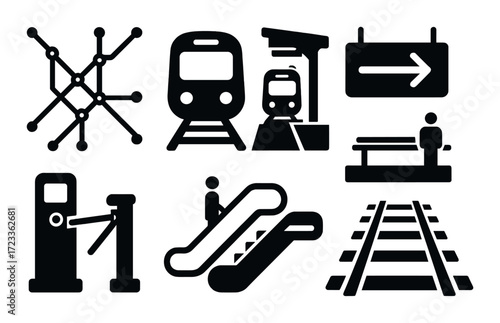 Black subway icons on grid pattern background with trains and signage