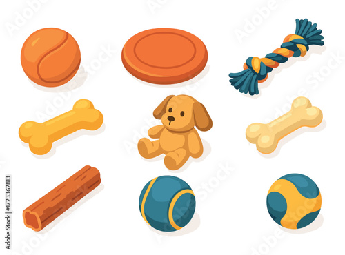 Collection of colorful dog toys including balls, bones, and a stuffed puppy