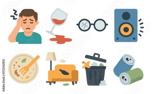 Hangover concept with tired male and messy room elements