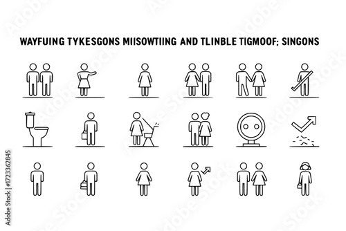 A linear-style icon set for wayfinding and signage, featuring symbols like toilet, female, male, unsex pictograms