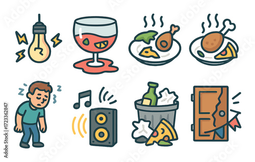 Fun cartoon icons of food, music, and energy with light bulb and speakeasy theme