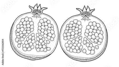 Pomegranate Halves Line Art Illustration. Detailed botanical drawing of cut open fruit, black and white outline.