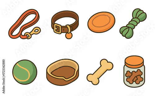Colorful pet accessories collection: leash, collar, frisbee, rope, ball, bowl, bone, treats