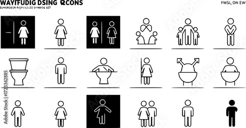 A linear-style icon set for wayfinding and signage, featuring symbols like toilet, female, male, unsex pictograms