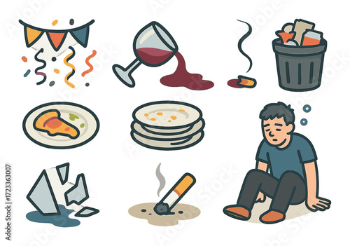 After party scene with messy room elements and tired young male cartoon