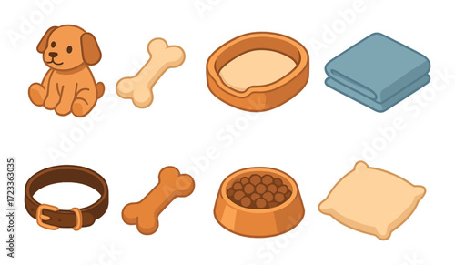 Cute cartoon pet accessories collection with puppy, bones, and bowls