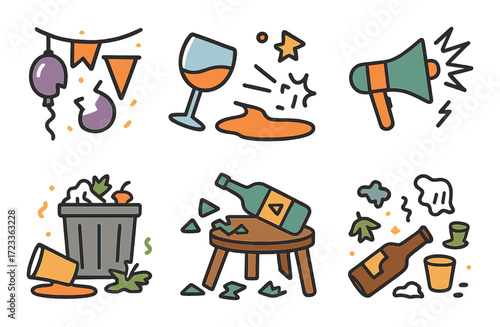 Colorful party icons with celebration, drinks, and cleanup elements