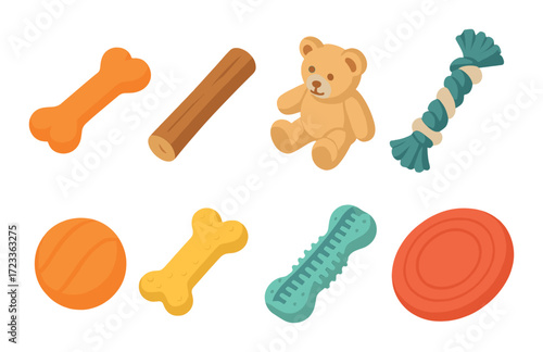 Colorful assortment of pet toys: bones, bear, rope, ball, disc