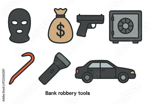 Bank robbery tools icon set with mask, money bag, gun, safe, crowbar, flashlight, and car