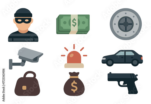 Burglary icons: thief, money, security camera, alarm, car, gun, safe, bag