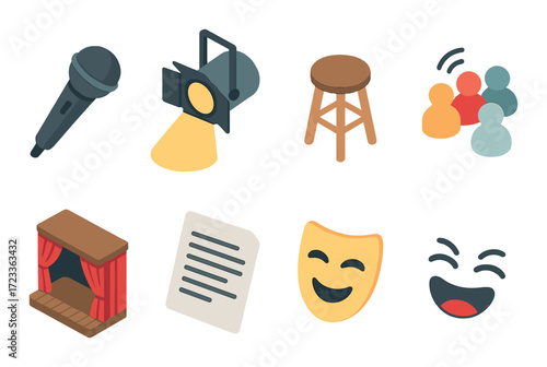 Theater performance icons: microphone, spotlight, stage, mask, applause, script, community, laughter