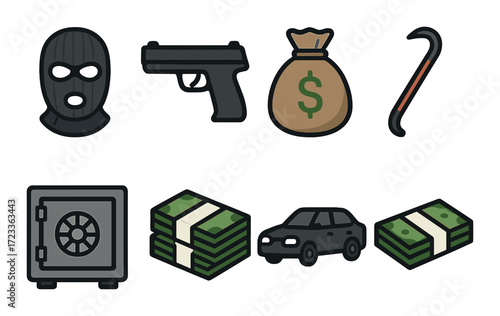 Crime elements icons: mask, gun, money bag, crowbar, safe, cash, car