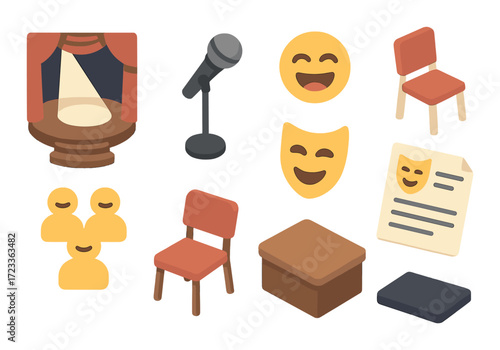 Theater icons: spotlight, microphone, comedy mask, audience, script, stage elements