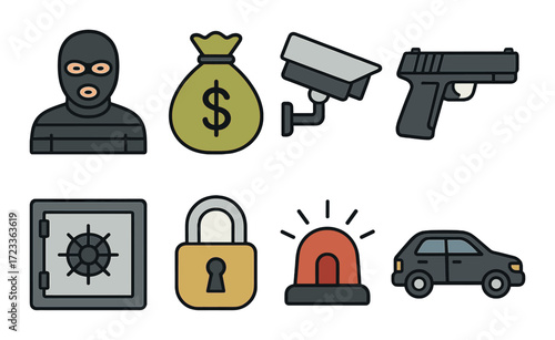 Crime and security icons: masked figure, money bag, and more