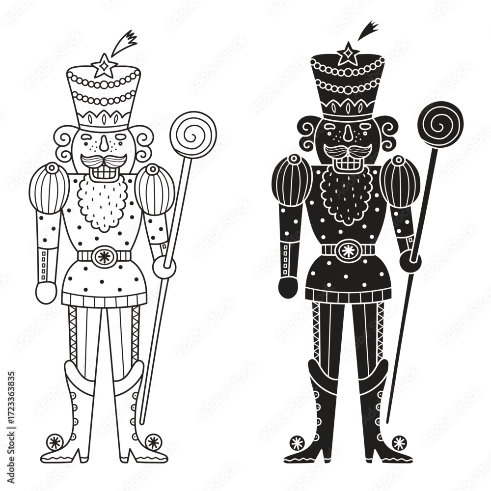 Obraz premium Christmas Nutcracker.Toy Soldier. Coloring page. Perfect for Christmas, New Year, and winter holiday coloring books. Kid illustration.