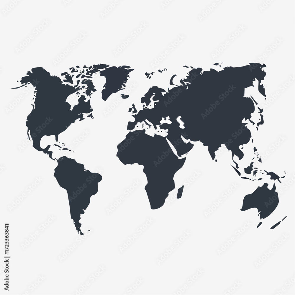 Naklejka premium Illustration of a world map showing continents in a dark color against a plain white background design element