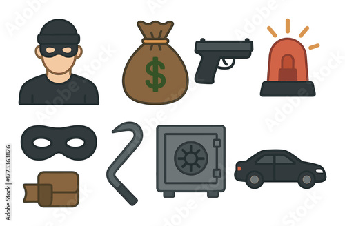 Crime elements illustration: masked figure, money bag, gun, safe, and car