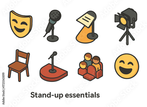 Stand-up comedy essentials: microphone, spotlight, stage, audience, comedy icons