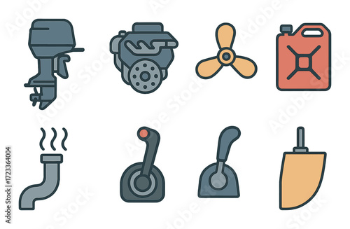 Marine engine components and accessories icon set