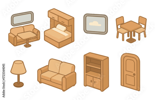 Cozy furniture collage featuring sofa, bed, lamp, and table in warm tones
