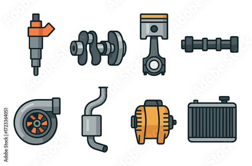 Car engine components illustration: turbocharger, piston, radiator, and more
