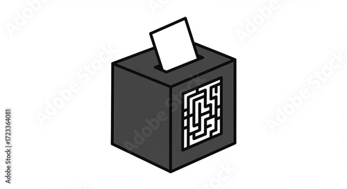 Abstract dark box with maze pattern and paper slot symbolizing choice and decision