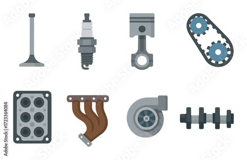 Illustrated car engine components set featuring valves, spark plug, pistons, and gears