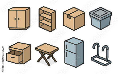 Collection of cartoon household items: wardrobe, bookshelf, box, container, nightstand, table, fridge, dish rack