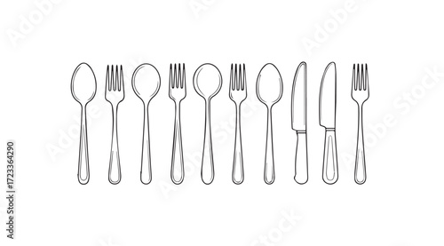 A row of cutlery including spoons forks and knives in a simple line drawing silhouette