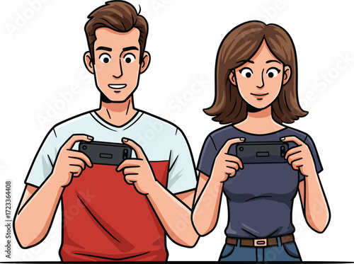 Cartoon gamers illustration, friends playing mobile games, handheld gaming devices, social interaction