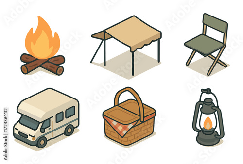 Camping essentials: campfire, tent, chair, rv, picnic basket, lantern icons