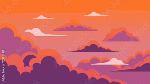 Vibrant flat design sunset sky with colorful clouds. Stylized vector cloudscape illustration in warm orange, pink, and purple hues.